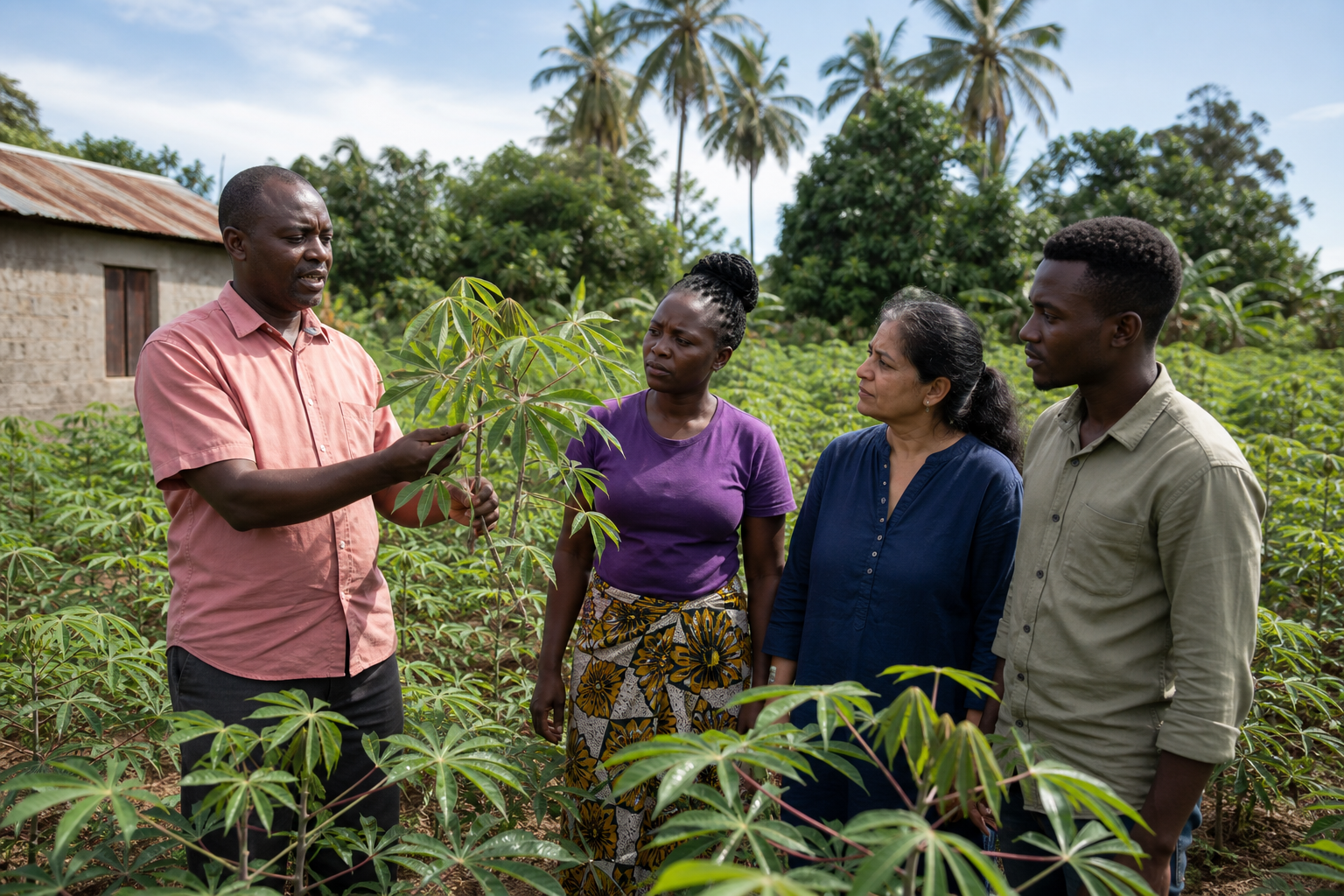 Community partners examining crops in an agricultural field