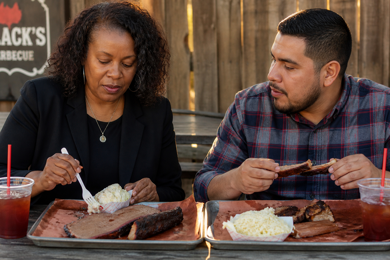 Partners sharing a Texas barbecue meal after a school visit.