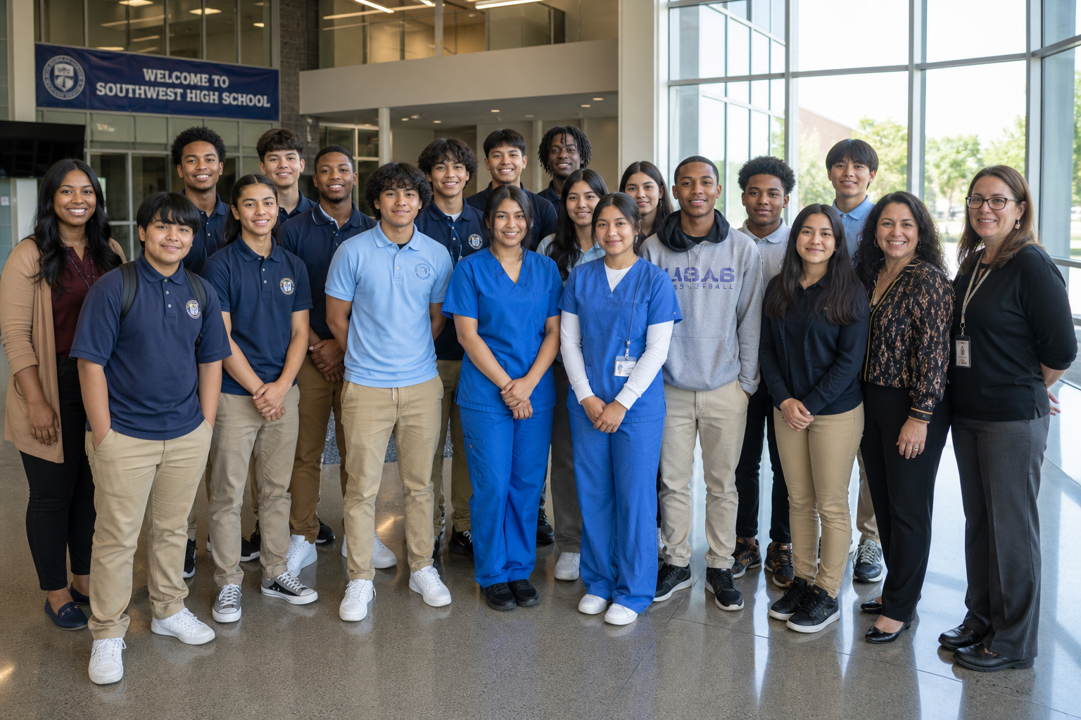 Students and staff gathered in the atrium at C.E. King High School.