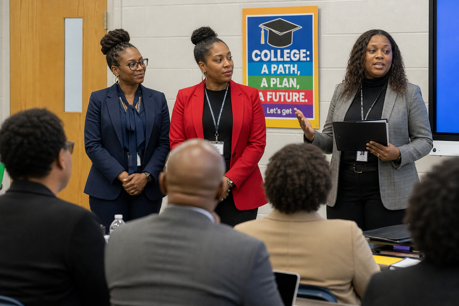 Educators discussing college and career readiness in a school meeting.
