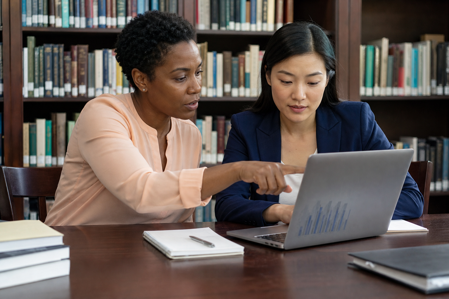 Partners reviewing student pathway data on a laptop in a school library.
