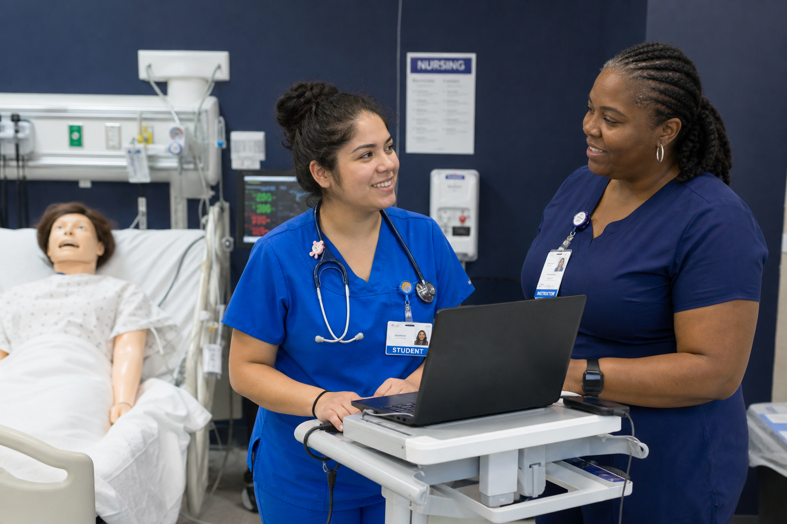 A nursing student and instructor in a simulation lab at San Jacinto College.