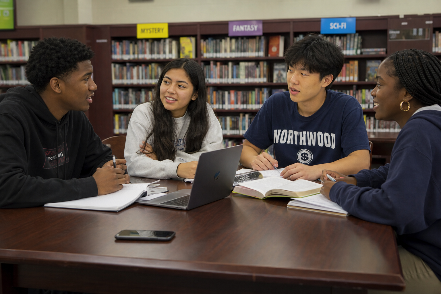 OneGoal students talking around a table in a school library.