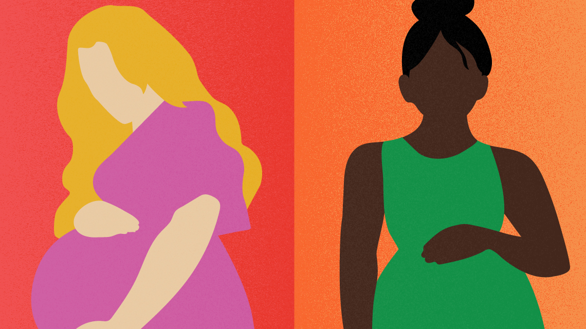 Illustration of two pregnant women against contrasting backgrounds