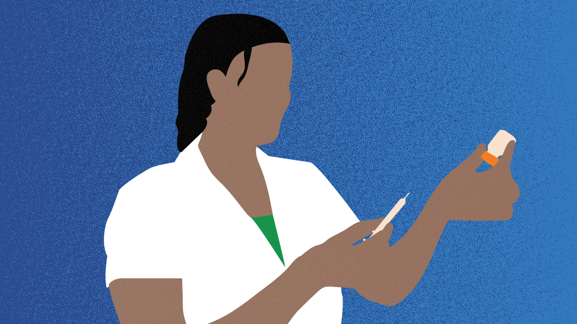 Illustration of a clinician holding a vaccine vial and syringe