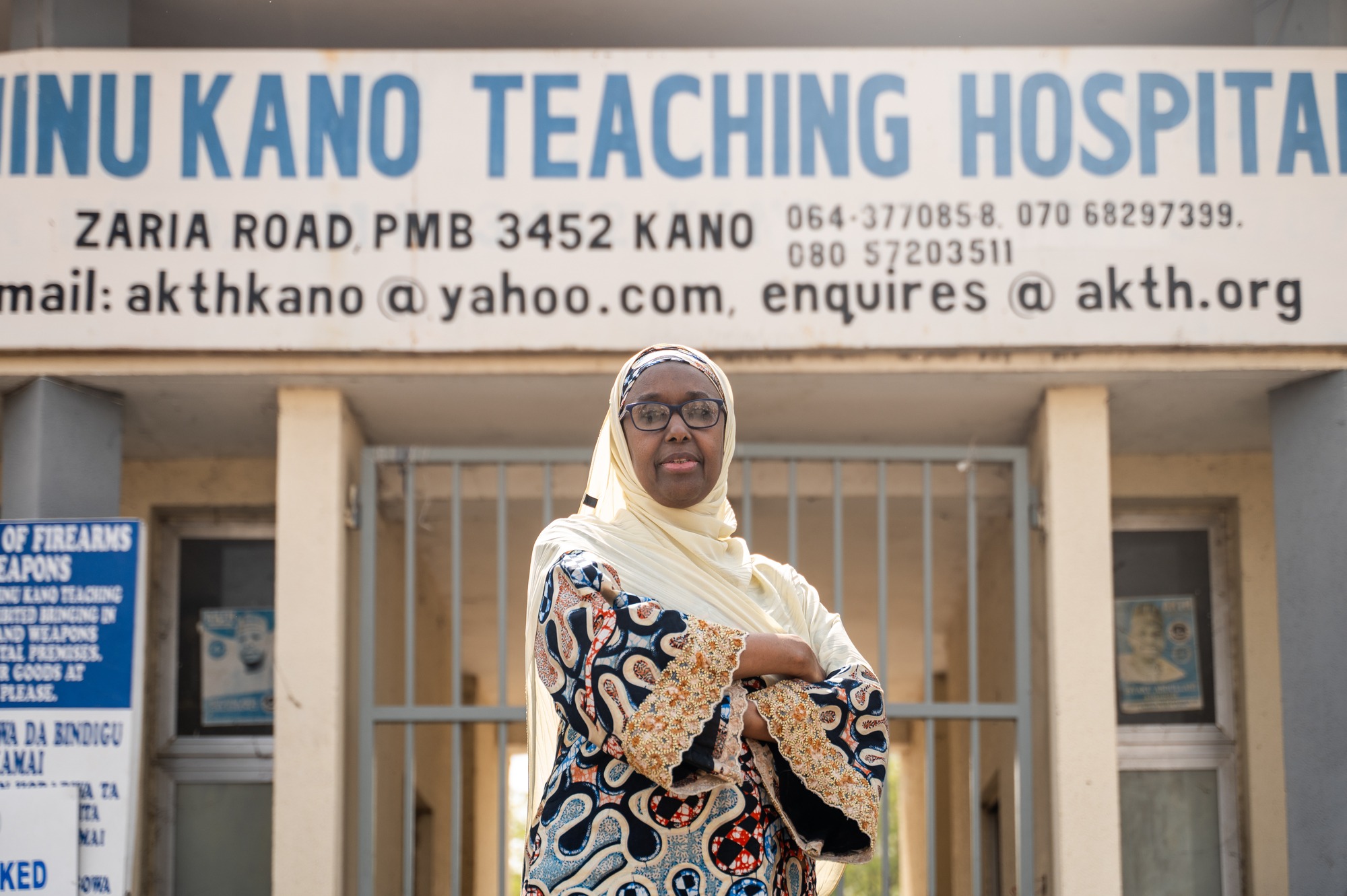 Portrait of Prof. Dr. Hadiza Shehu Galadanci at the Aminu Kano Teaching Hospital gate, in Kano, Kano State, Nigeria on January 19, 2026.