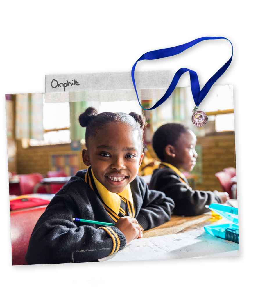 Omphile, a student at Tsholetsega Public School in Krugersdorp, South Africa.