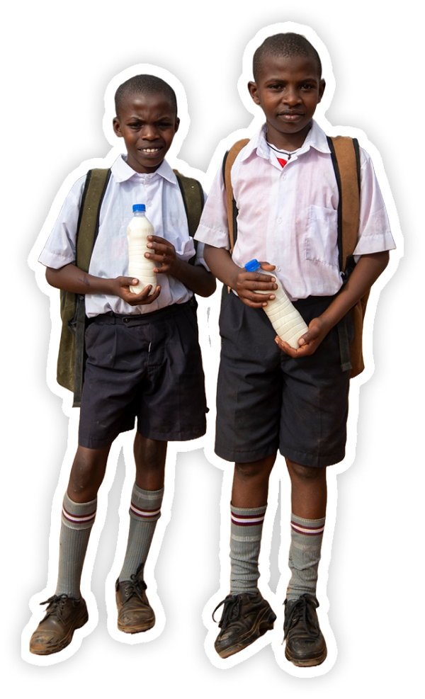 Josephine Kimonyi’s sons Mannasse and Ephrahim Samuel holding bottles of milk.