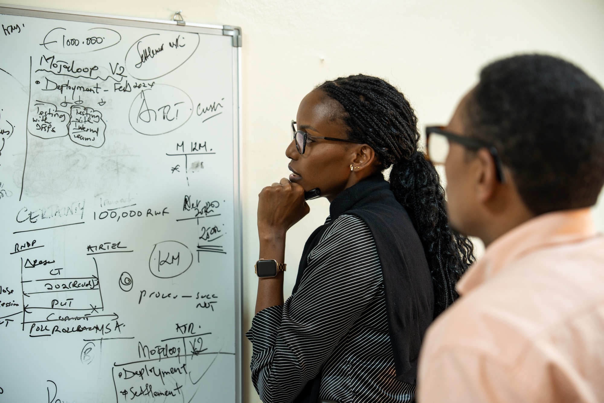 A professional reviewing plans on a whiteboard