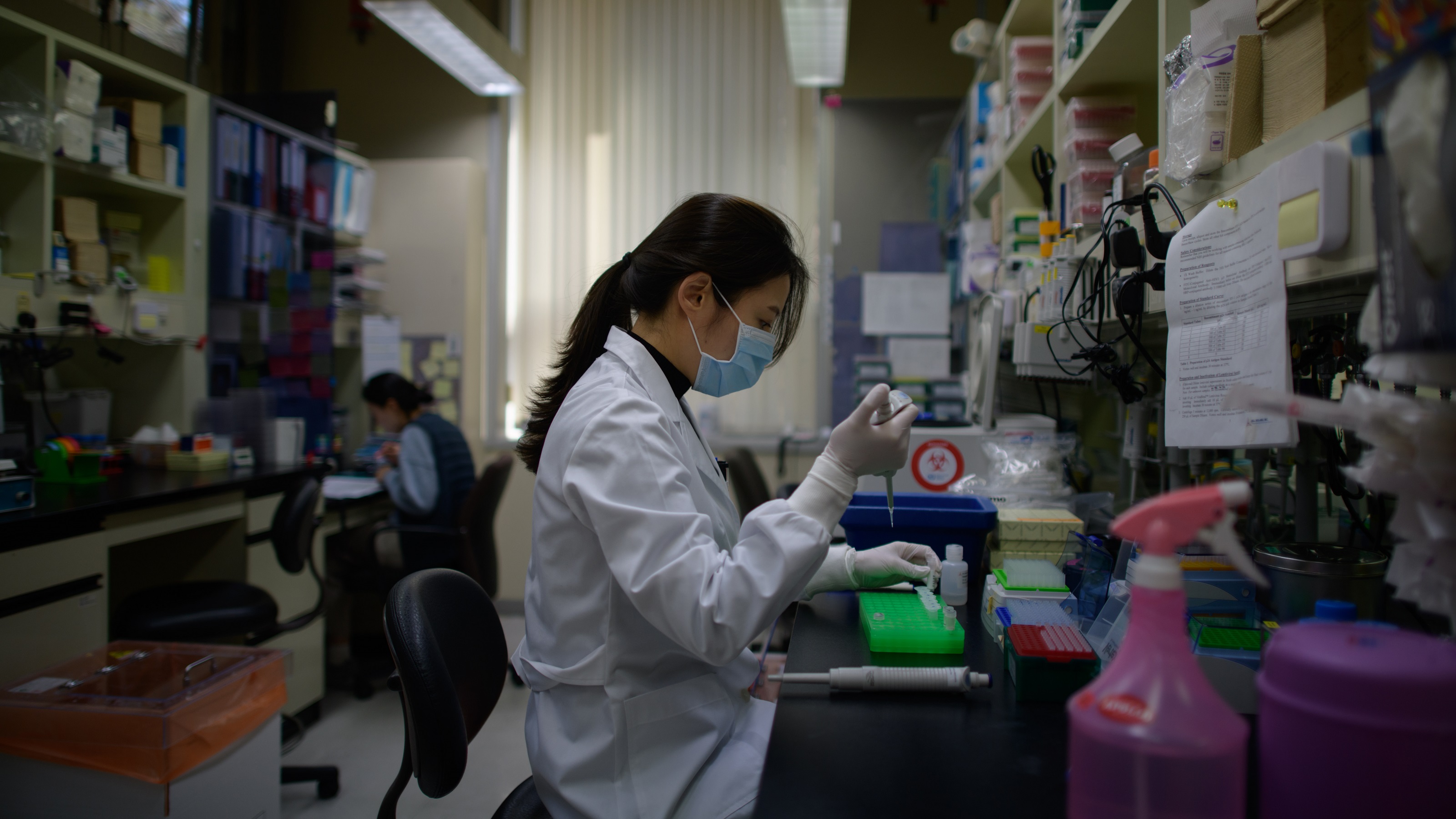 Lab technician working on a neutralizing antibody test at a Bio Safety Level 3 laboratory at the International Vaccine Institute in Seoul.