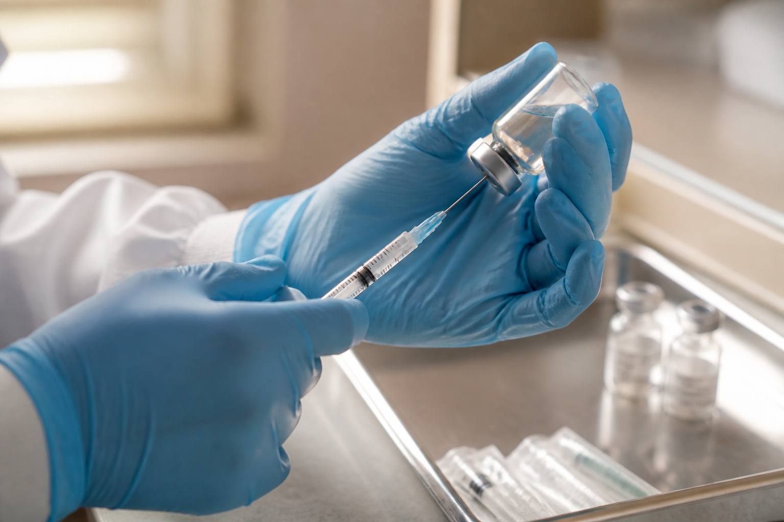 A health worker prepares medication with gloved hands in a clinical setting.