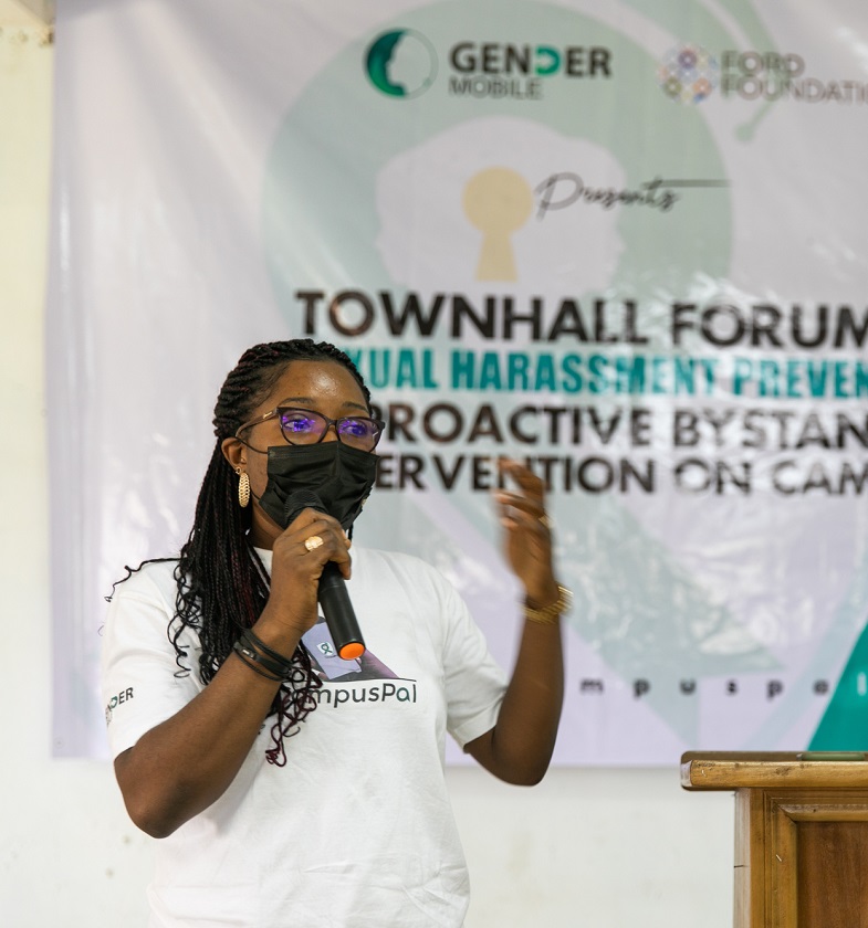 Eno Ekpo, from Gender Mobile, speaks with students during a presentation on the University of Abuja campus in Abuja, Nigeria.