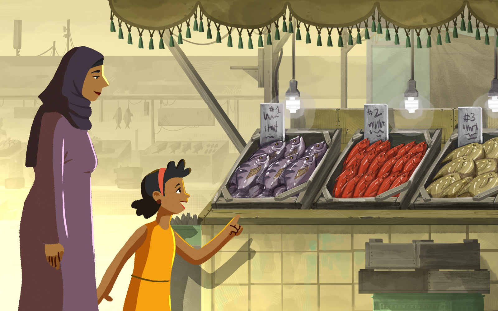 Illustration of farmers and fish market